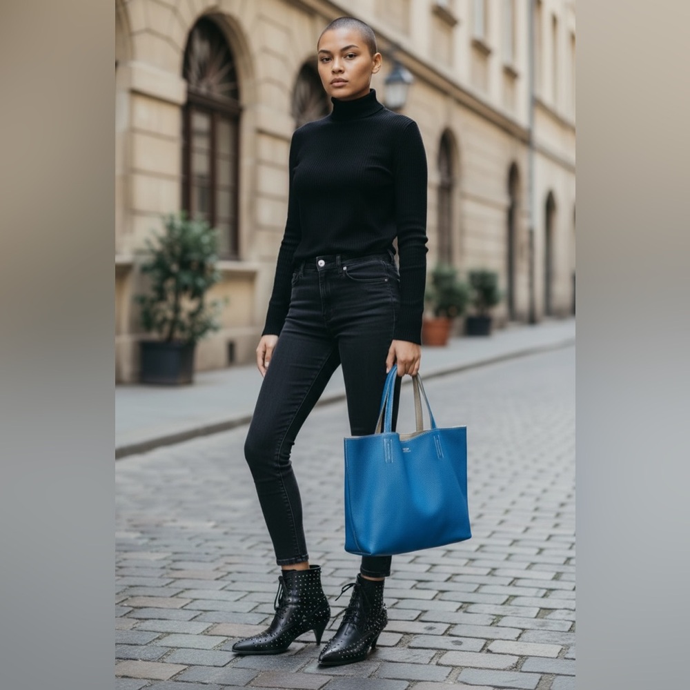 HERMES Clemence Double Sens 45 Reversible Blue Taupe Taurillon Leather Tote Bag